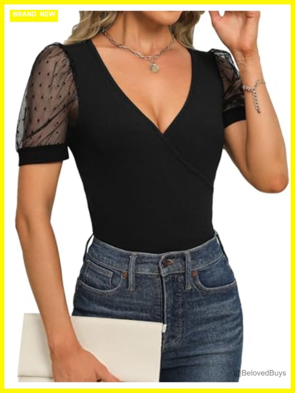Fayenne Womens Deep V Neck Cross Wrap Mesh Sleeve Polka Dot T Shirt Top